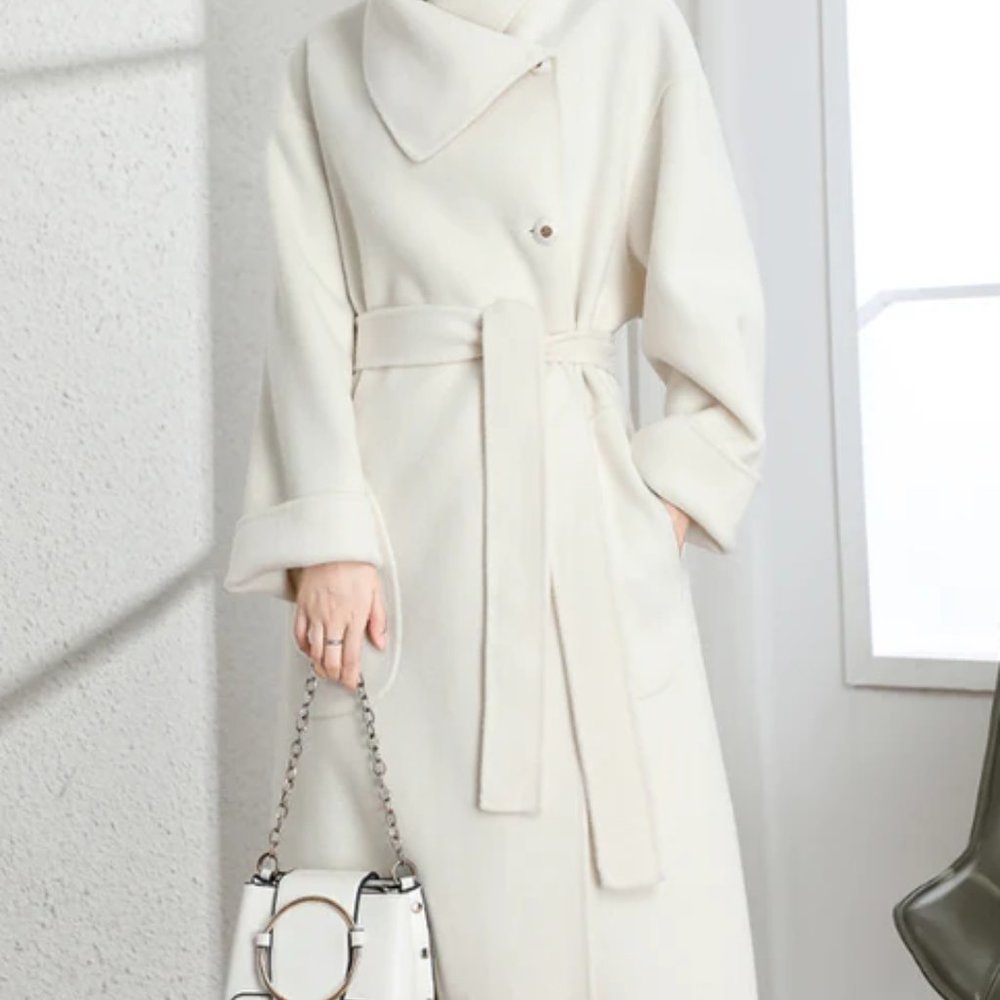 NEW WITH TAGS - White/Cream Full Length Wool Trench Coat with Belt